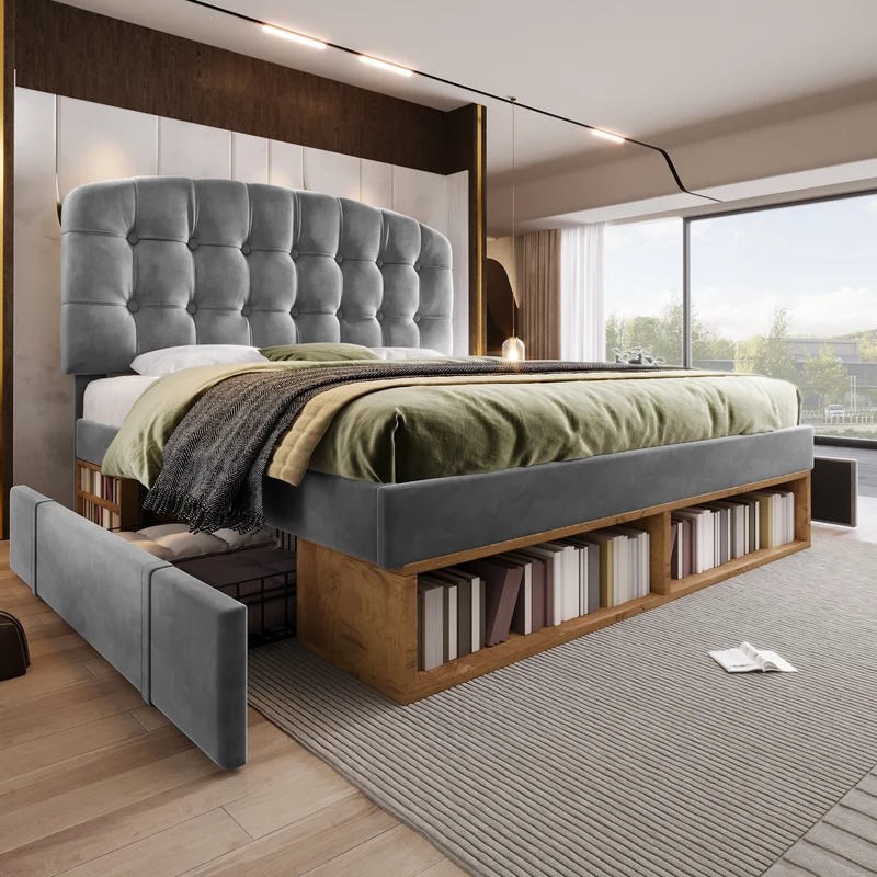 Lit double capitonné en velours gris avec 2 tiroirs de rangement, tête de lit réglable 140x200cm CLASSICBEDSET