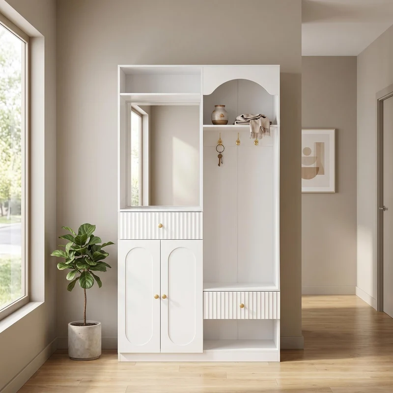 Vestiaires à l'entrée blanc avec miroir et éclairage LED accent doré ELEGANT WALNUT ONE
