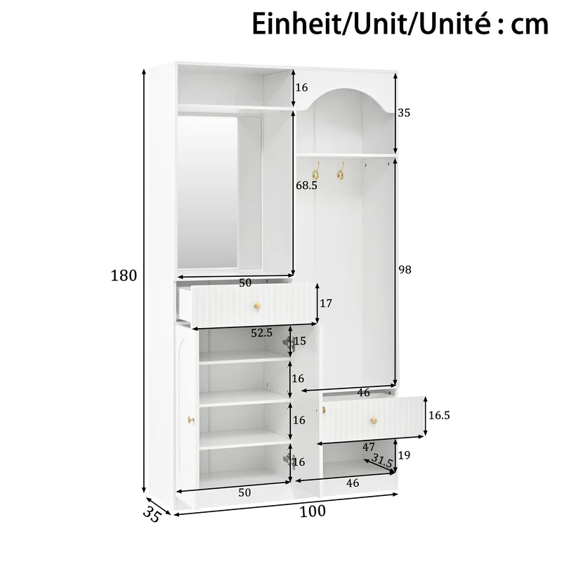Vestiaires à l'entrée blanc avec miroir et éclairage LED accent doré ELEGANT WALNUT ONE