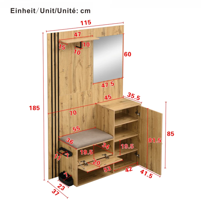 Vestiaire à l'entrée effet bois avec miroir, assise rangement chaussures et porte-parapluie 115x185x37cm MOMENTUMNEXUS