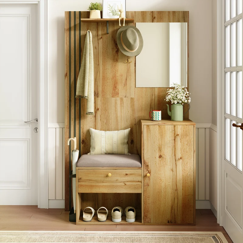 Vestiaire à l'entrée effet bois avec miroir, assise rangement chaussures et porte-parapluie 115x185x37cm MOMENTUMNEXUS