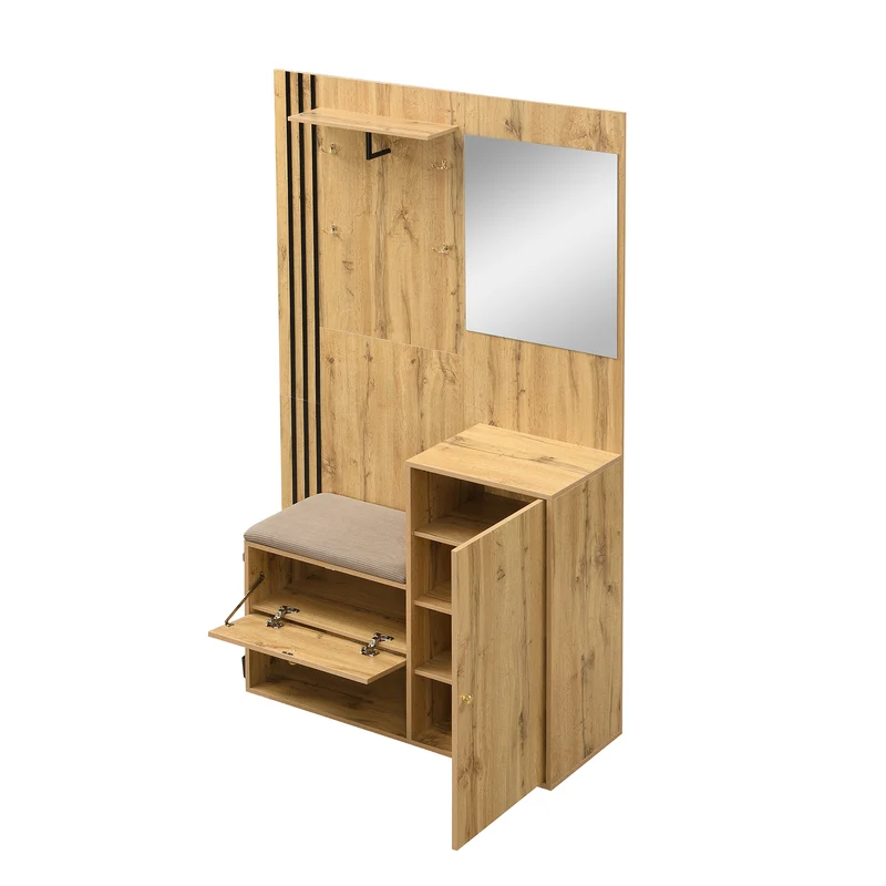 Vestiaire à l'entrée effet bois avec miroir, assise rangement chaussures et porte-parapluie 115x185x37cm MOMENTUMNEXUS