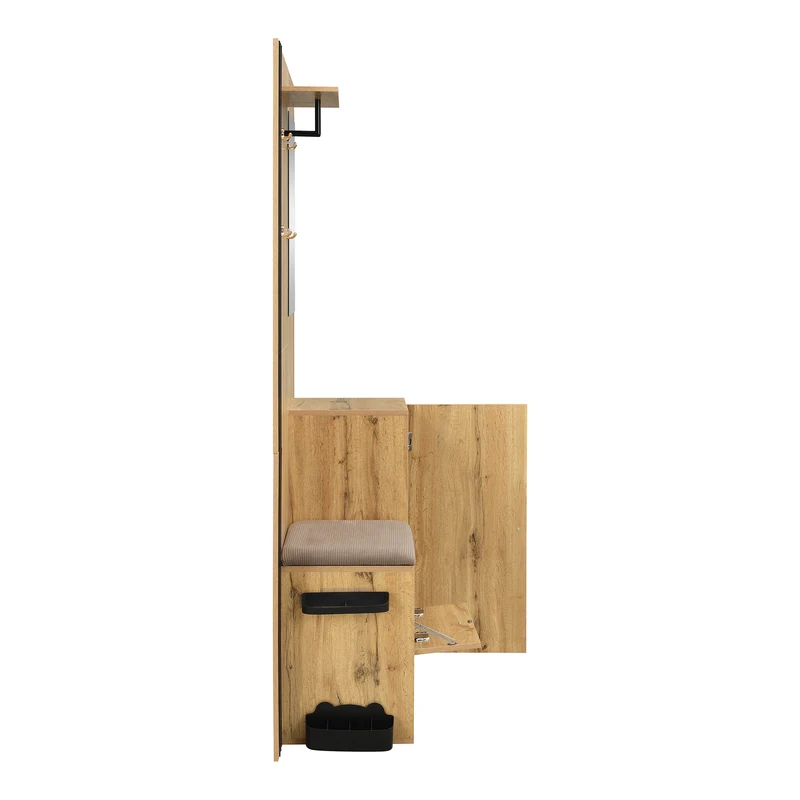 Vestiaire à l'entrée effet bois avec miroir, assise rangement chaussures et porte-parapluie 115x185x37cm MOMENTUMNEXUS