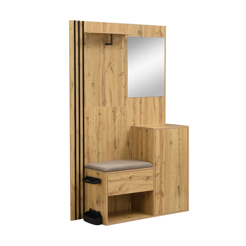 Vestiaire à l'entrée effet bois avec miroir, assise rangement chaussures et porte-parapluie 115x185x37cm MOMENTUMNEXUS