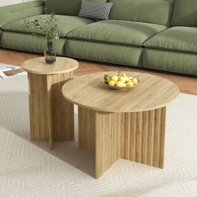 Ensemble de tables basses gigognes rondes effet bois piètement cannelé RIFTVYNRAKYN