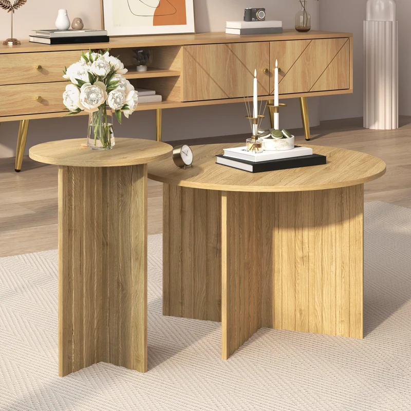 Ensemble de tables basses gigognes rondes effet bois piètement cannelé RIFTVYNRAKYN