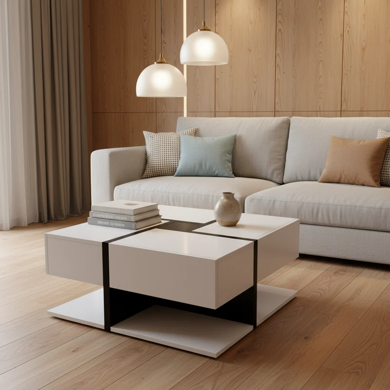 Table basse carrée brillant bicolore blanc et noir géométrique 4 tiroirs 78x78x36cm AEGISSYTH