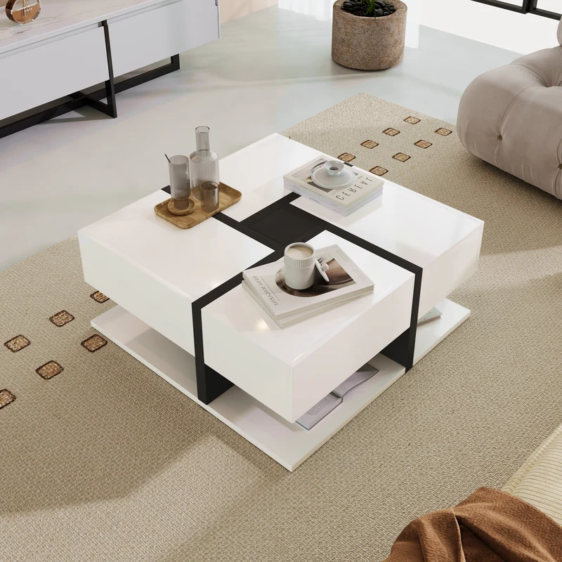 Table basse carrée brillant bicolore blanc et noir géométrique 4 tiroirs 78x78x36cm AEGISSYTH