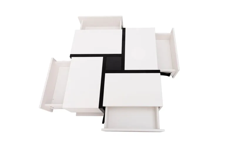 Table basse carrée brillant bicolore blanc et noir géométrique 4 tiroirs 78x78x36cm AEGISSYTH