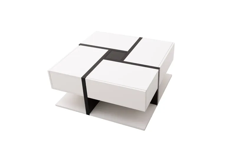 Table basse carrée brillant bicolore blanc et noir géométrique 4 tiroirs 78x78x36cm AEGISSYTH