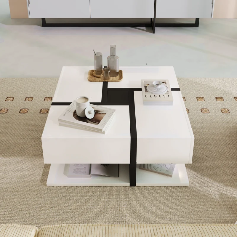 Table basse carrée brillant bicolore blanc et noir géométrique 4 tiroirs 78x78x36cm AEGISSYTH
