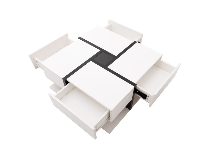 Table basse carrée brillant bicolore blanc et noir géométrique 4 tiroirs 78x78x36cm AEGISSYTH