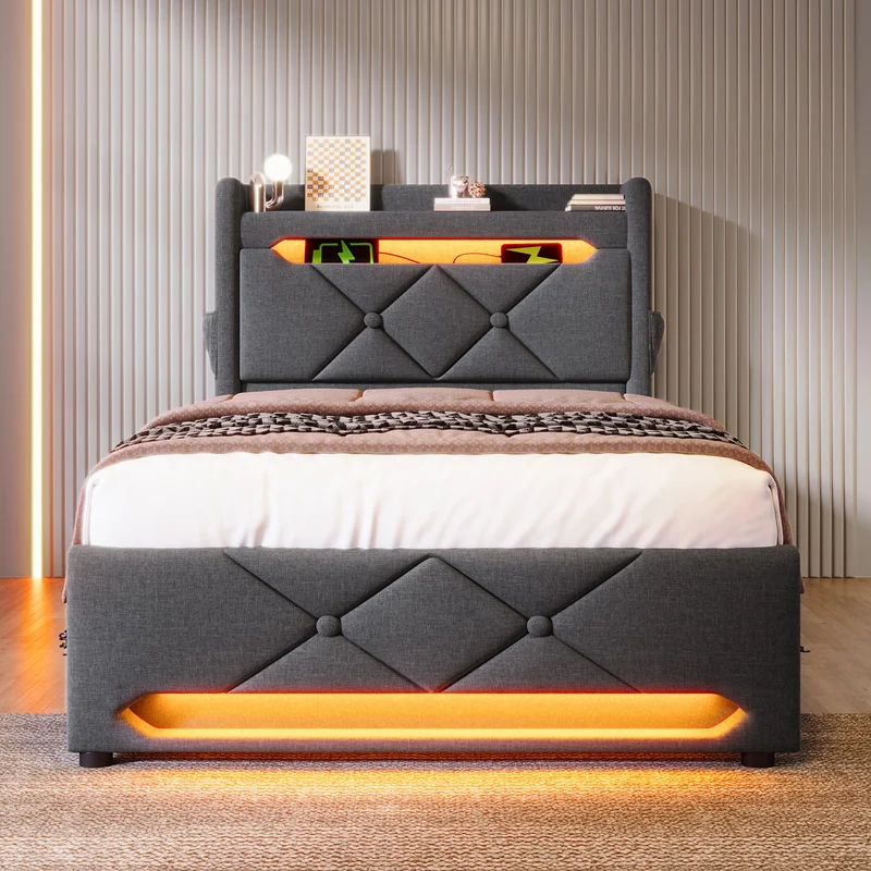 Lit coffre simple lin gris éclairage LED prise USB avec rangement NUCZOTS