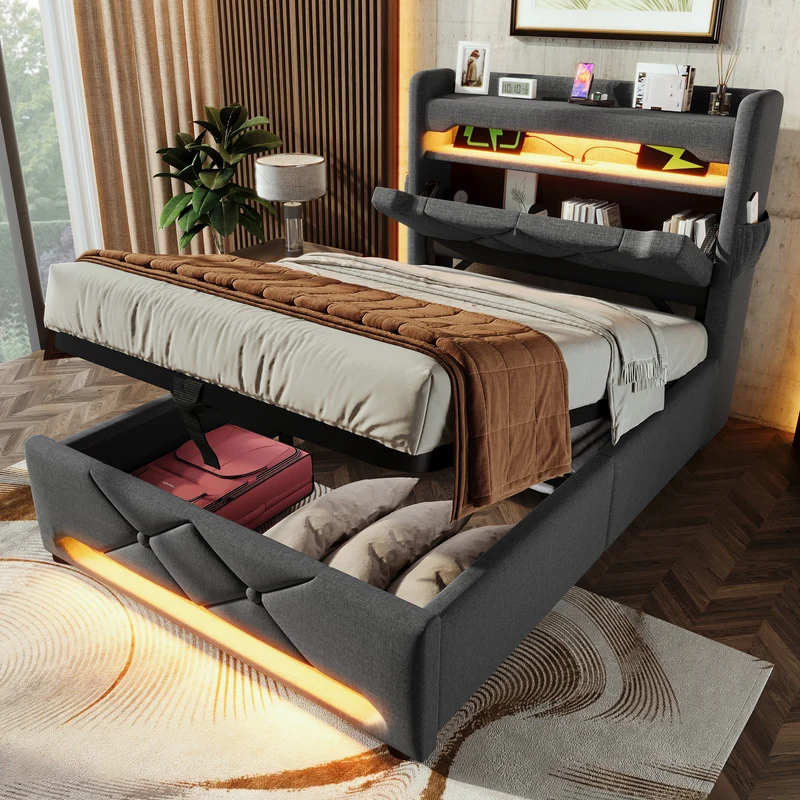 Lit coffre simple lin gris éclairage LED prise USB avec rangement NUCZOTS