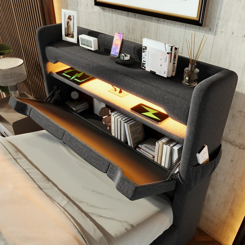 Lit coffre simple lin gris éclairage LED prise USB avec rangement NUCZOTS