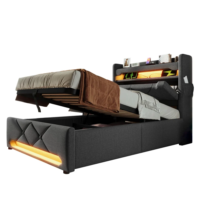 Lit coffre simple lin gris éclairage LED prise USB avec rangement NUCZOTS