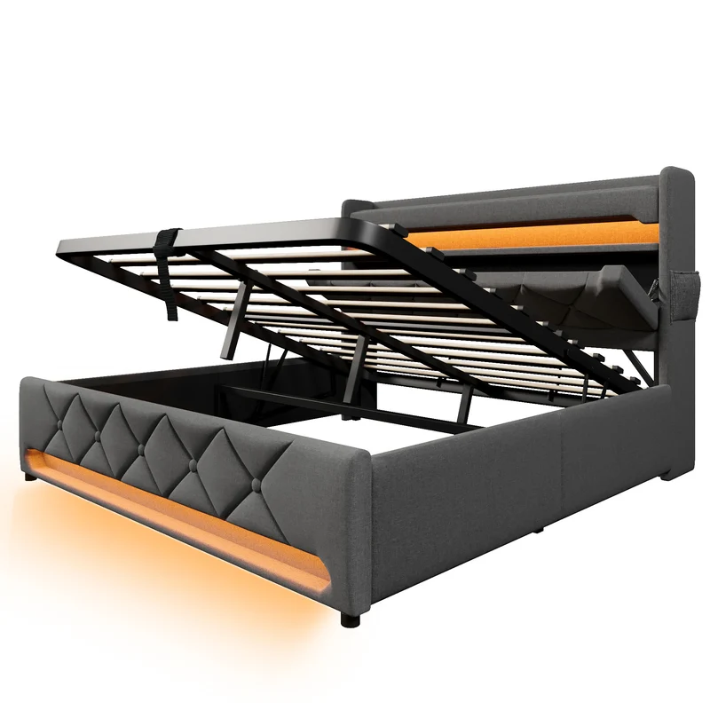 Lit coffre double lin gris éclairage LED avec chargeur et rangement 180x200cm King TRINCIDS
