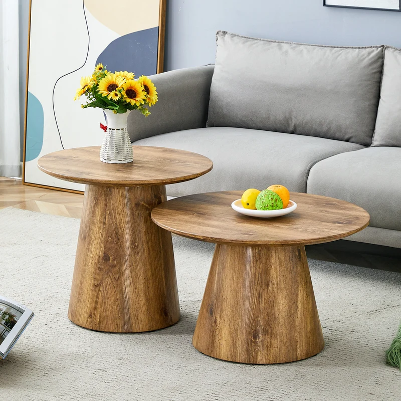 Ensemble de 2 tables basses gigognes rondes effet bois (50×48 cm & 60×35 cm) CYPRESSARA