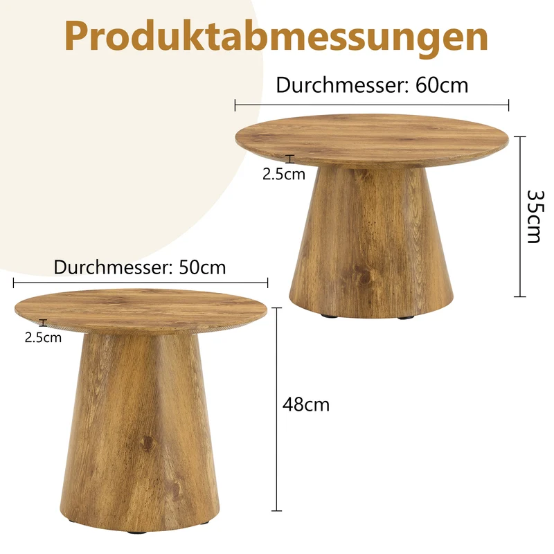 Ensemble de 2 tables basses gigognes rondes effet bois (50×48 cm & 60×35 cm) CYPRESSARA
