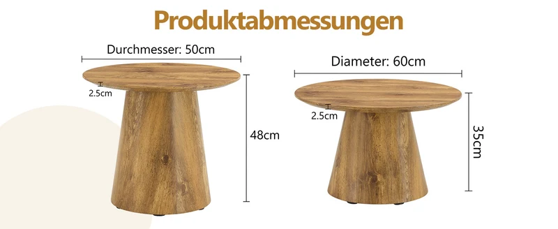 Ensemble de 2 tables basses gigognes rondes effet bois (50×48 cm & 60×35 cm) CYPRESSARA