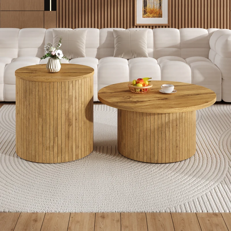 Ensemble de 2 tables basses rondes effet bois naturel base à tasseaux NIMBUSIS