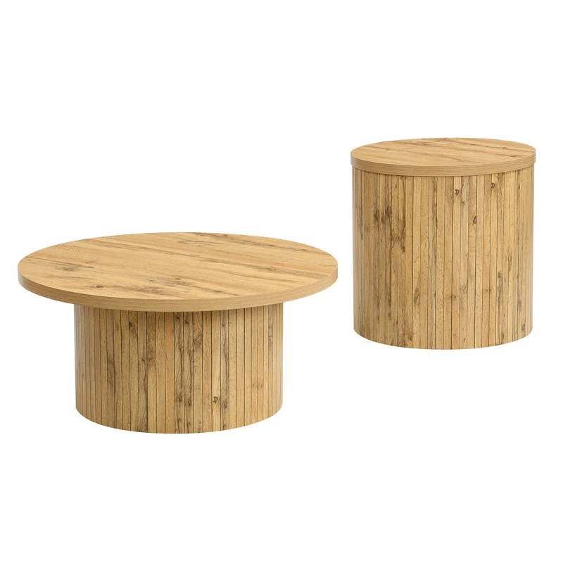 Ensemble de 2 tables basses rondes effet bois naturel base à tasseaux NIMBUSIS