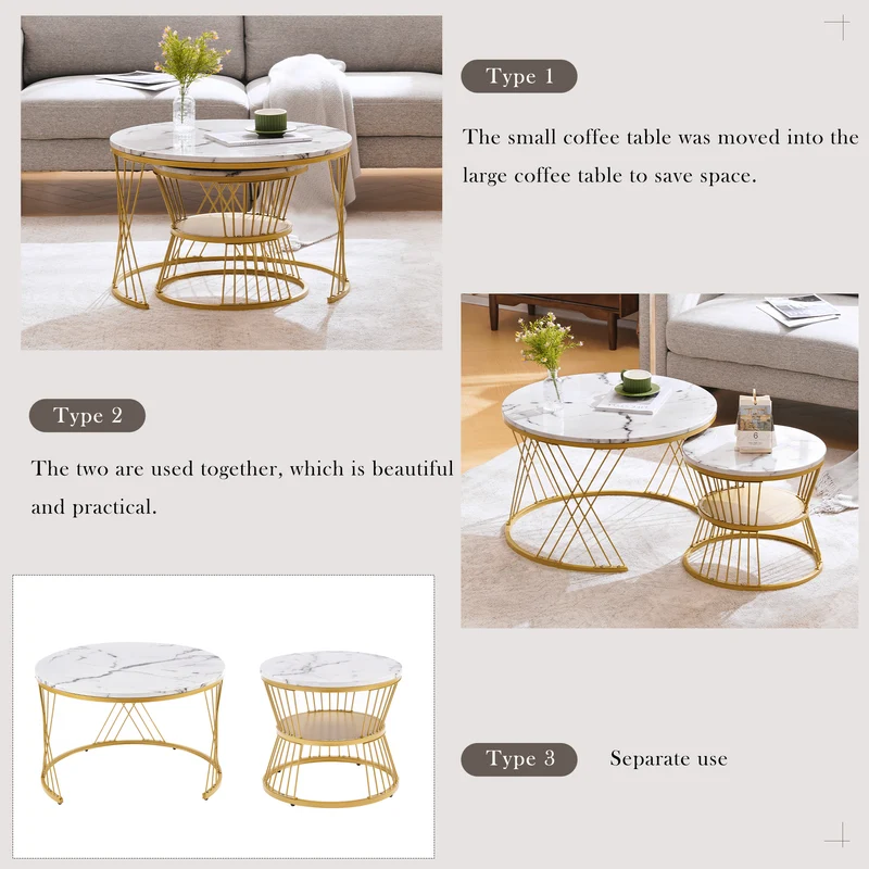 Ensemble de 2 tables basses rondes gigognes effet marbre blanc, piètement doré VIBRATIO