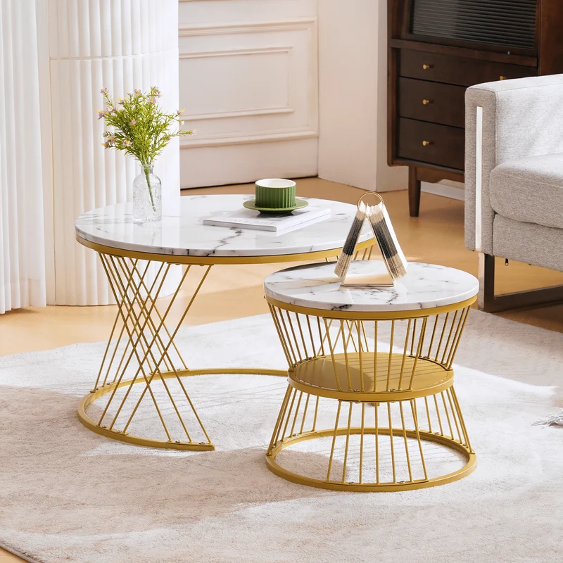 Ensemble de 2 tables basses rondes gigognes effet marbre blanc, piètement doré VIBRATIO