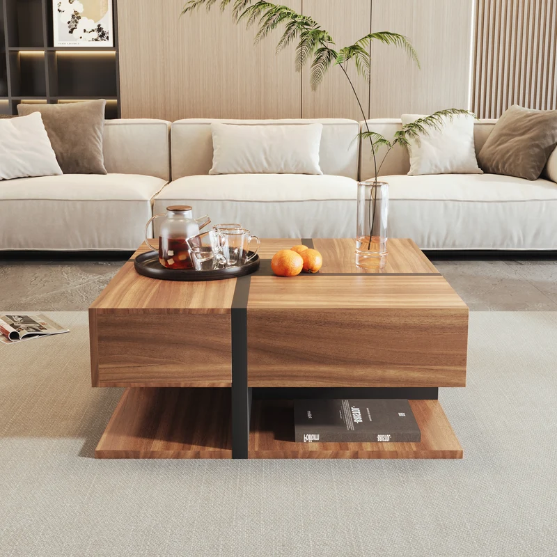 Table basse carrée effet bois 4 tiroirs et étagère ouverte AHNOIR