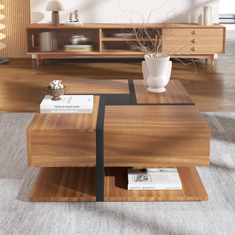 Table basse carrée effet bois 4 tiroirs et étagère ouverte AHNOIR