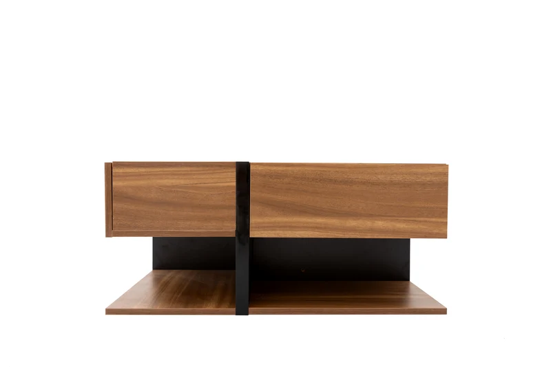 Table basse carrée effet bois 4 tiroirs et étagère ouverte AHNOIR
