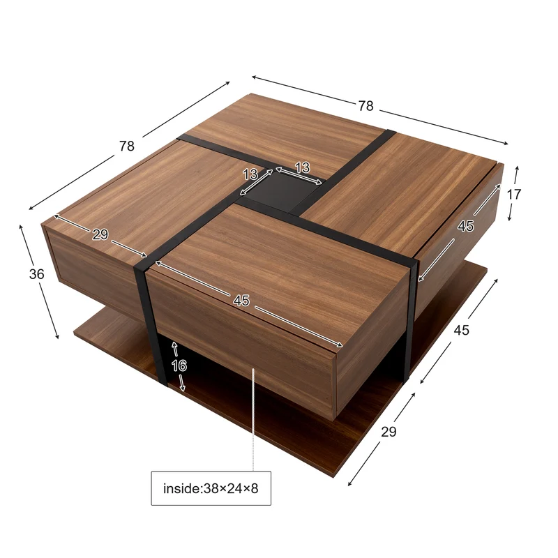 Table basse carrée effet bois 4 tiroirs et étagère ouverte AHNOIR