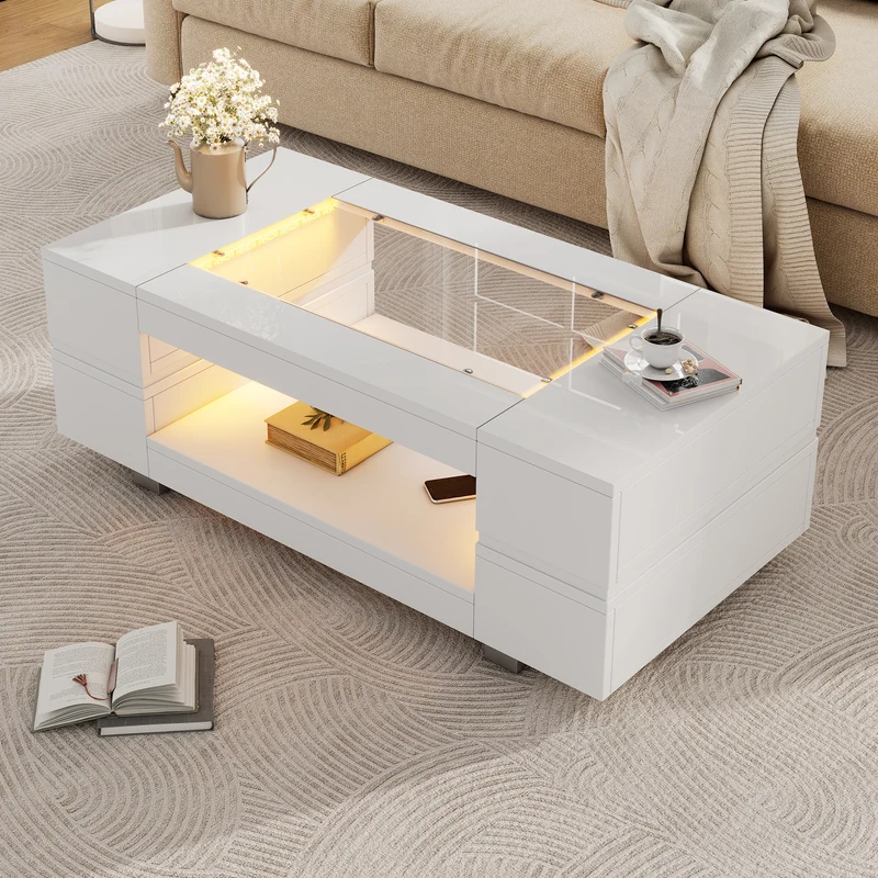 Table basse blanche moderne verre trempé avec éclairage LED 100x50x35cm SCRIEN