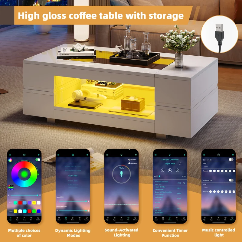 Table basse blanche moderne verre trempé avec éclairage LED 100x50x35cm SCRIEN