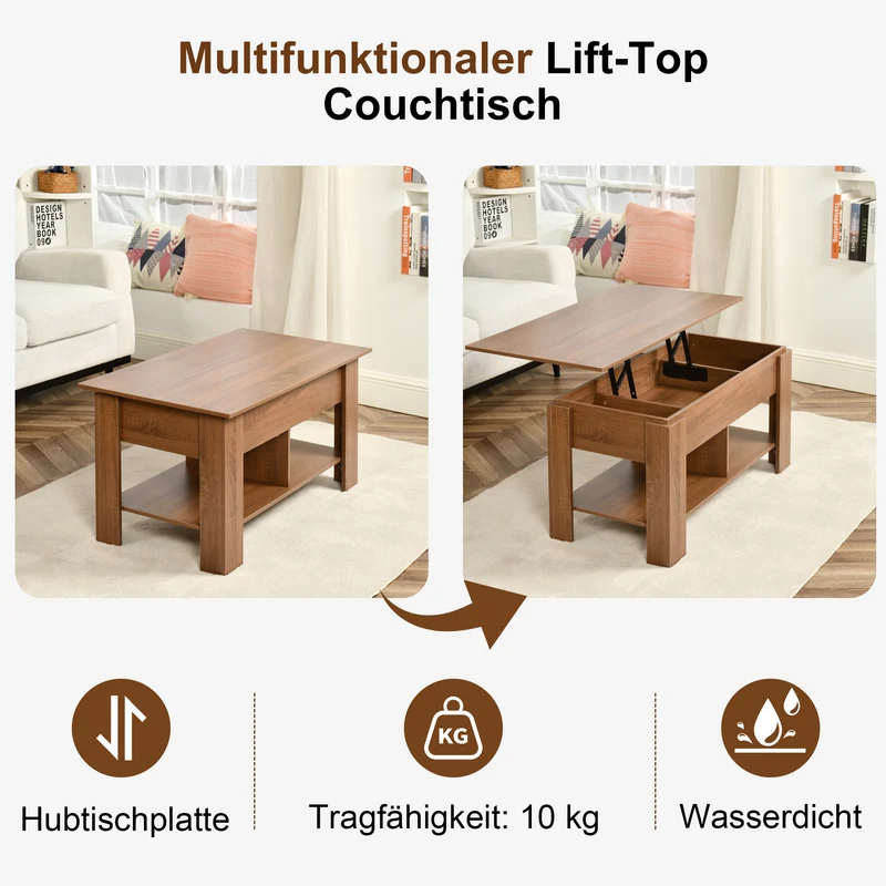 Table basse avec plateau relevable effet bois et marron 96*50 ELOT BROWN 96