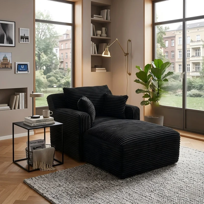 Canapé méridienne lit modulable en velours côtelé noir, sans montage MOMENTUMREX