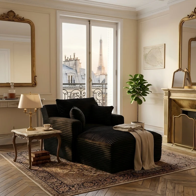Canapé méridienne lit modulable en velours côtelé noir, sans montage MOMENTUMREX