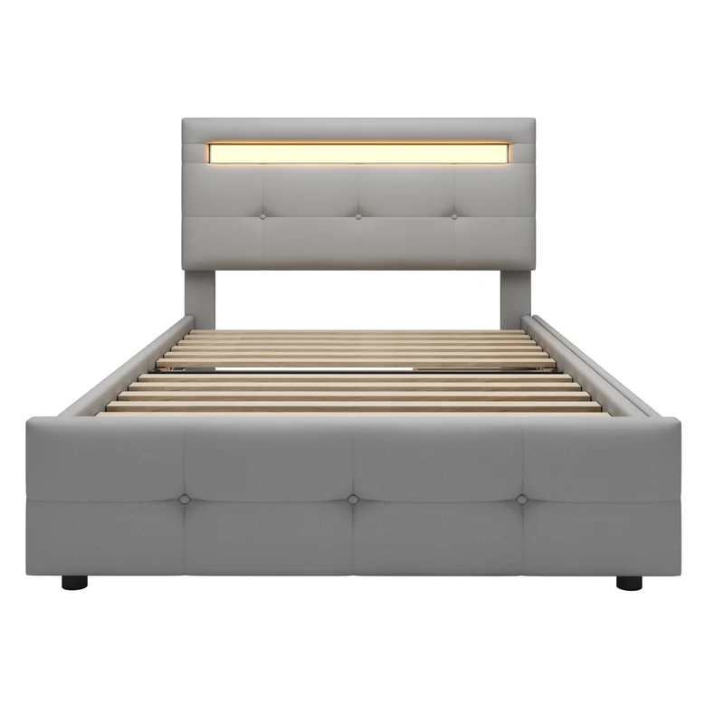Lit simple capitonnée gris éclairage LED et 2 tiroirs de rangement 90x200 cm (matelas non inclus) REFORESTAT