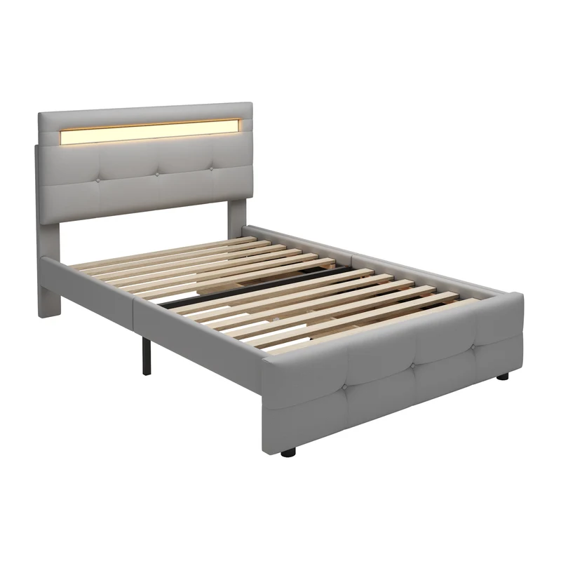 Lit simple capitonnée gris éclairage LED et 2 tiroirs de rangement 90x200 cm (matelas non inclus) REFORESTAT