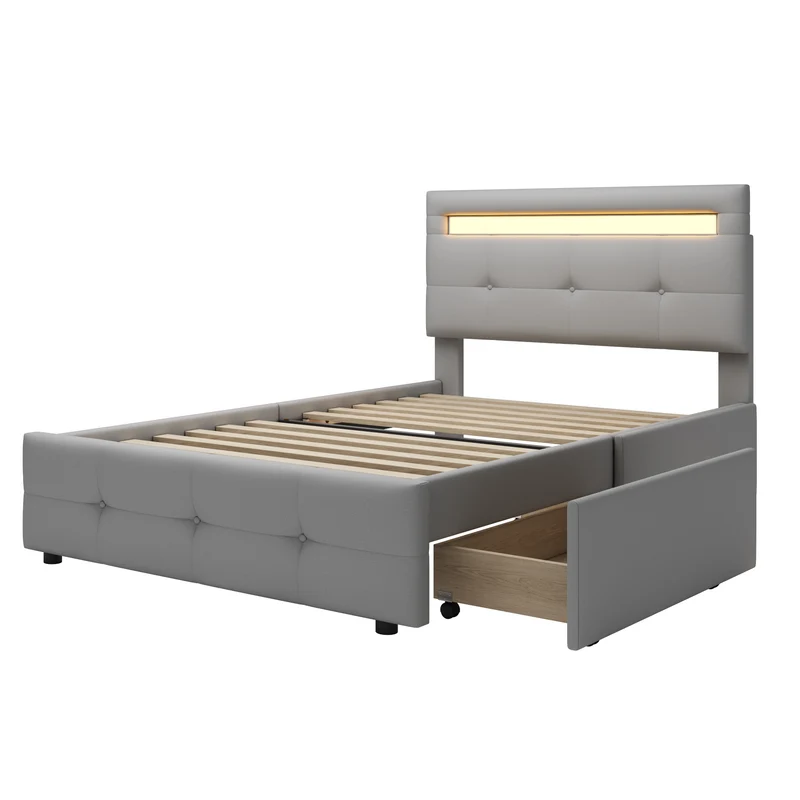 Lit simple capitonnée gris éclairage LED et 2 tiroirs de rangement 90x200 cm (matelas non inclus) REFORESTAT