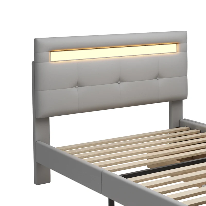 Lit simple capitonnée gris éclairage LED et 2 tiroirs de rangement 90x200 cm (matelas non inclus) REFORESTAT