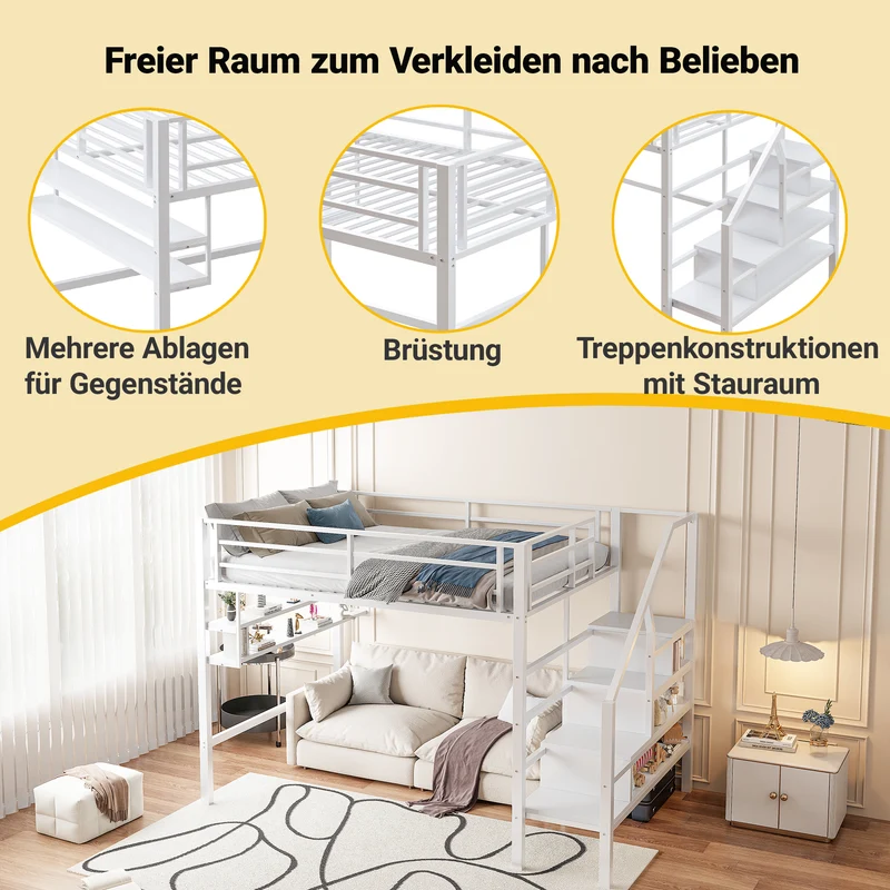 Lits double superposés métallique blanc échelle avec étagères rangement (140*200cm) VEIRNAH