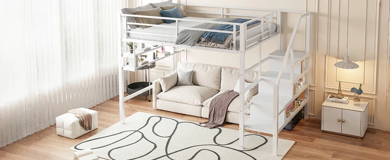 Lits double superposés métallique blanc échelle avec étagères rangement (140*200cm) VEIRNAH