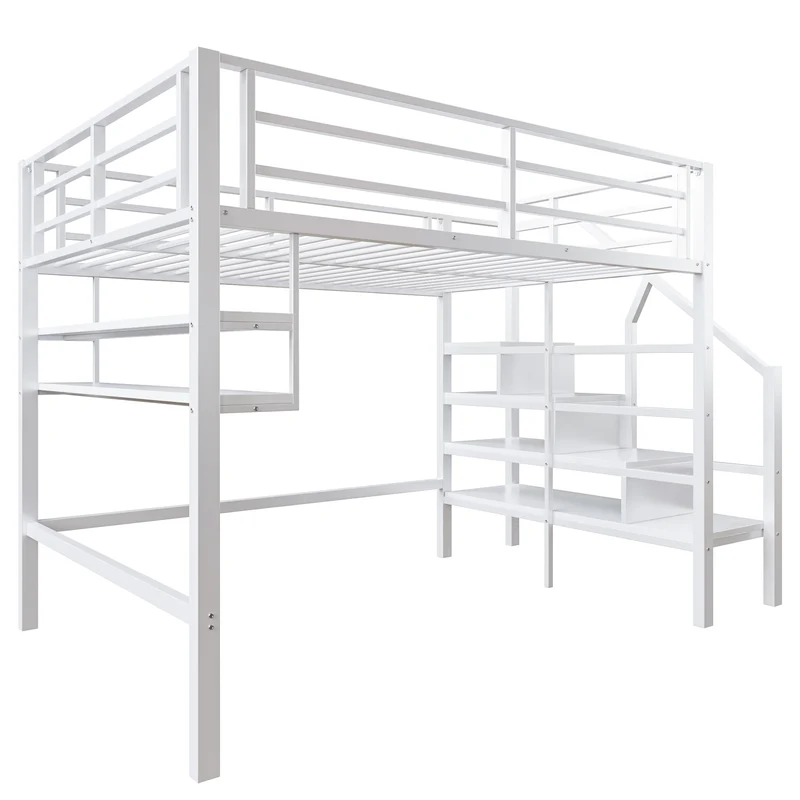 Lits double superposés métallique blanc échelle avec étagères rangement (140*200cm) VEIRNAH