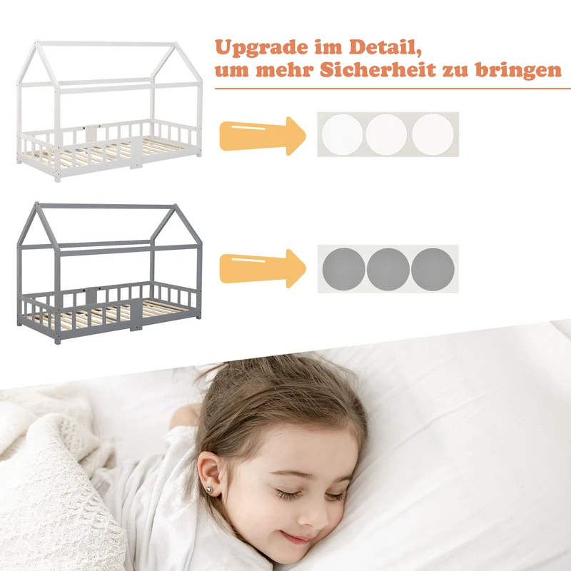 Lit enfant en bois pin gris forme maison avec sommier à lattes et tableau noir 90 x 200 cm (sans matelas) DRAKRIE