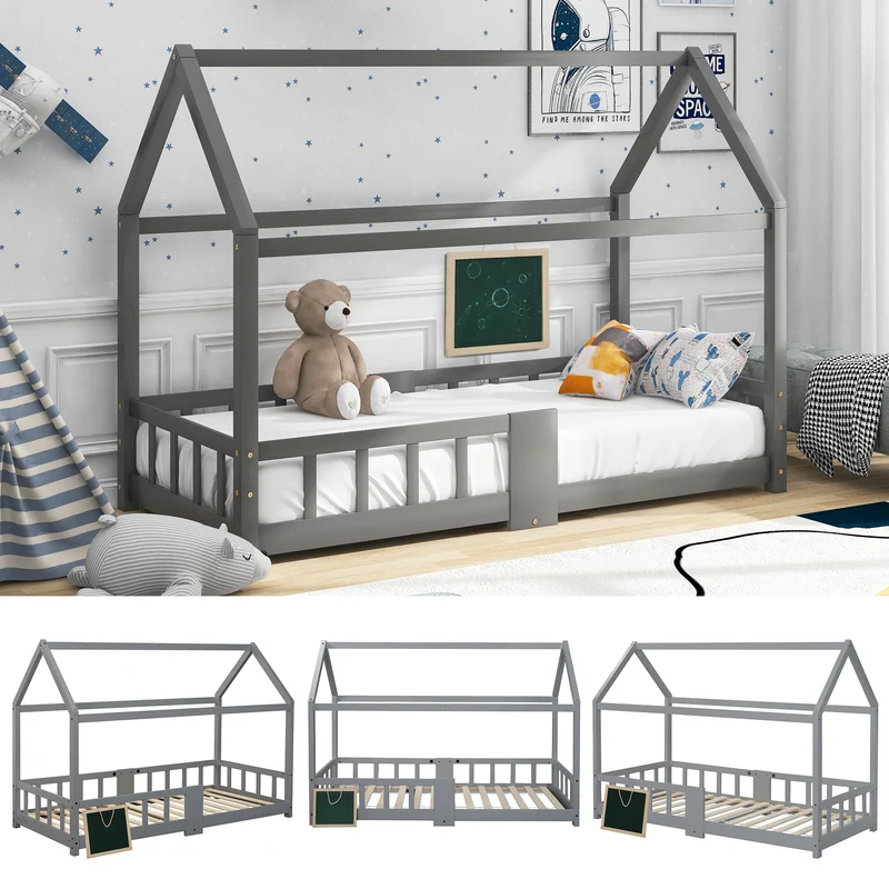 Lit enfant en bois pin gris forme maison avec sommier à lattes et tableau noir 90 x 200 cm (sans matelas) DRAKRIE
