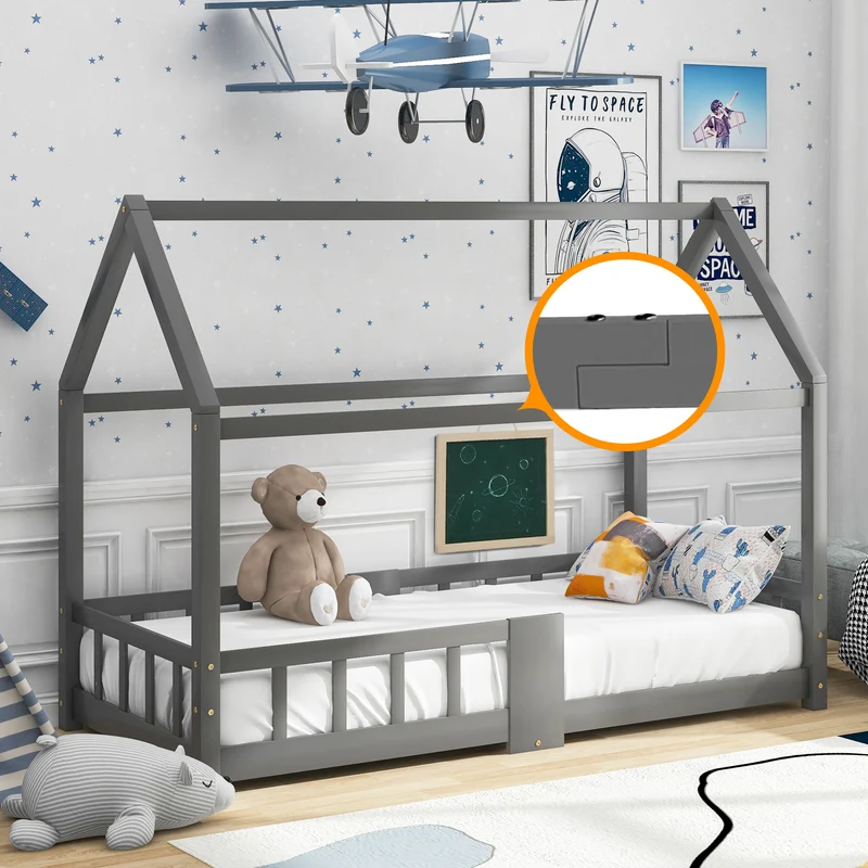 Lit enfant en bois pin gris forme maison avec sommier à lattes et tableau noir 90 x 200 cm (sans matelas) DRAKRIE