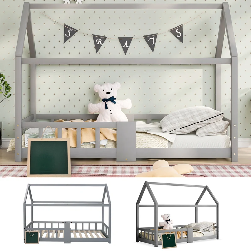Lit enfant en bois pin gris forme maison avec sommier à lattes et tableau noir 90 x 200 cm (sans matelas) DRAKRIE