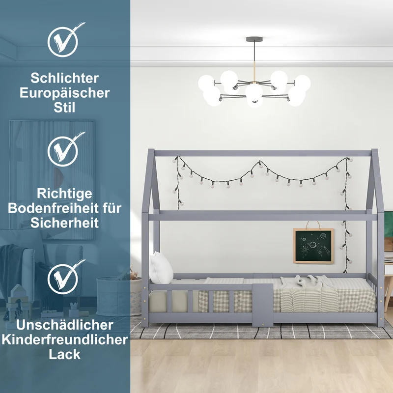 Lit enfant en bois pin gris forme maison avec sommier à lattes et tableau noir 90 x 200 cm (sans matelas) DRAKRIE