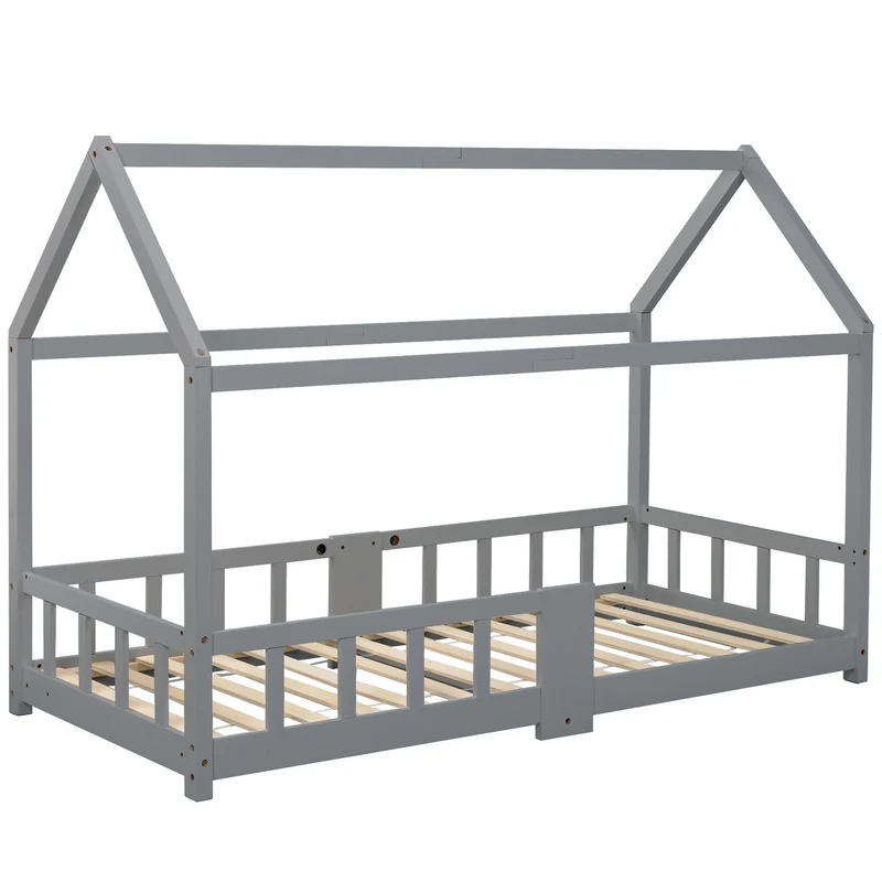 Lit enfant en bois pin gris forme maison avec sommier à lattes et tableau noir 90 x 200 cm (sans matelas) DRAKRIE